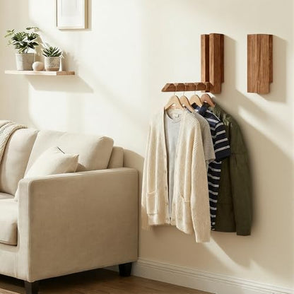 2 Pack Clothes Drying Rack Wall Mounted,Space Saver Wood Wall Mounted Folding Clothes Hanger Rack for Laundry Room,Bathrooms,Closet Storage Organization,Easy to Install - color: Brown
