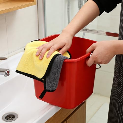 6 Packs 3 Quart Plastic Square Bucket with Handle, Heavy Duty Utility Bucket for Cleaning, Storage, Commercial and Household Use, Includes 6 Pack Cleaning Cloths