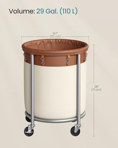 SONGMICS Laundry Basket with Wheels, 29 Gal., Steel Frame, Removable Bag - color: Coffee Brown + Cream White, size: 110 L (1-Section)