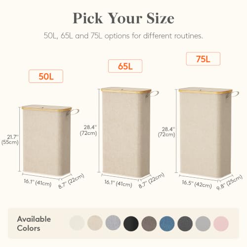 Lifewit 75L Slim Laundry Hamper with Lid and Removable Bag, Beige - color: Beige, size: 75L