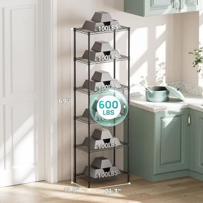 SINGAYE 6 Metal Shelves Wire Shelving Storage Shelf Adjustable Unit Pantry - color: Black, size: 6 Tier 12"Dx22"Wx69.5"H