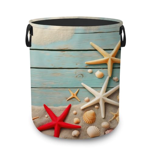 Starfish Seashell Collapsible Laundry Hamper,Blue Coastal Beach Waterproof Oxford Cloth Clothes Basket with Handles for Bathroom Bedroom Nursery Dorm Room,16" x 20" - color: Starfish Seashell,Blue Coastal Beach
