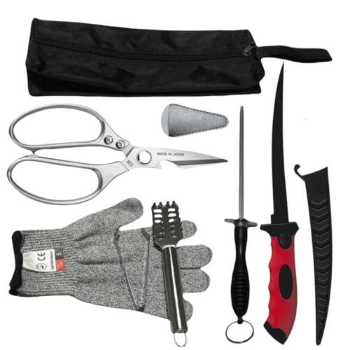 Fishing Knife Set, Fish Cleaning Kit, Filet Knife for Fish, Fish Scale Cleaning Brush, Multi-Functional Scissors, Gloves, Fishbone Tweezers, Storage Bag,Fishing Accessories,Fishing Tool Kit - size: 7PCS-Red