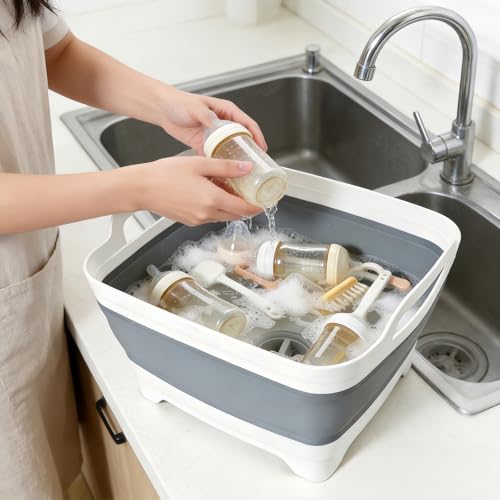 FOSJGO Collapsible Dish Basin with Drain Plug, Foldable Sink, 2.4 Gal (9L) - color: Gray