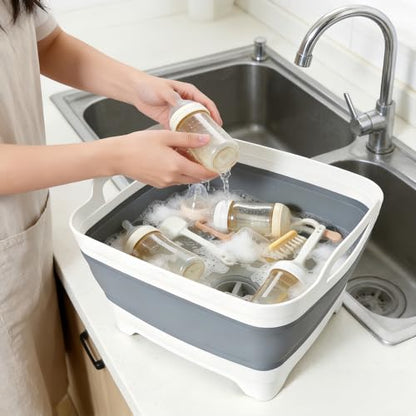 FOSJGO Collapsible Dish Basin with Drain Plug, Foldable Sink, 2.4 Gal (9L) - color: Gray