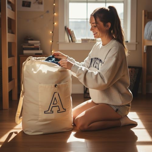 Laundry Bag Backpack Personalized Initial Design Canvas Laundry Bag with Straps & Drawstring Closure Dirty Cloth Hamper Bag for College, Travel, Laundromat, Camping (Letter A) - color: Letter A, size: X-Large