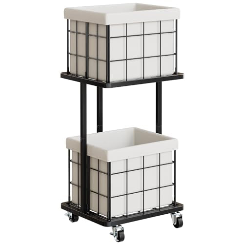 80L Vertical Laundry Sorter, 2 Tier Metal Rolling Laundry Basket - color: White, size: 2 Tier