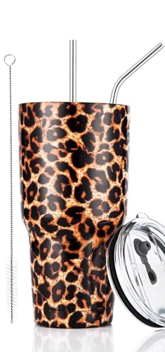 30oz Leopard Tumbler Stainless Steel Insulated Travel Mug with Straw Lid Cleaning Brush (30 oz Leopard), 1 Count (Pack of 1) - color: Leopard