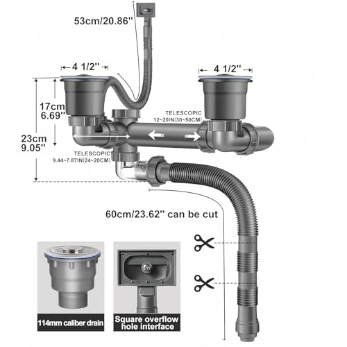 Double Sink Drain Kit Space Saving Kitchen Sink Drain Kit Expandable Flexible 1 1/2" P-Trap Pipe 3-1/2 Inch Sink Drain Assembly Kit with 4-Way Fitting Adapter for Dishwasher - size: Double Sink Drain Kit