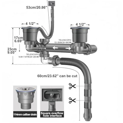 Double Sink Drain Kit Space Saving Kitchen Sink Drain Kit Expandable Flexible 1 1/2" P-Trap Pipe 3-1/2 Inch Sink Drain Assembly Kit with 4-Way Fitting Adapter for Dishwasher - size: Double Sink Drain Kit