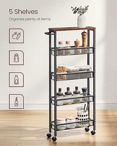 VASAGLE 5-Tier Slim Rolling Storage cart with Wheels, 5.1 Inches, Metal - color: Rustic Brown + Classic Black, size: 5 Tiers (5.1"D x 39.2"H)