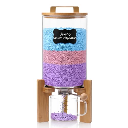 Roetell Laundry Detergent Dispenser,Glass Laundry Powder Dispenser with Bamboo Base，Suitable for Scent Beads and Powdered Laundry Detergents in the Laundry Room，Capacity: 4L/8lb/128oz