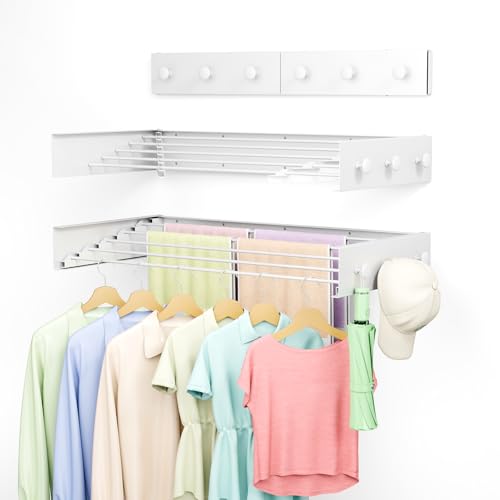 Collapsible Laundry Drying Rack Wall Mounted - 31.5 Inch Metal Clothing Drying Rack with 6 Hooks, Retractable Foldable Dry Racks for Laundry Drying Indoor, Heavy Duty Towel & Coat Hanger - color: Upgraded - 6 Knobs, size: Width 31.5"