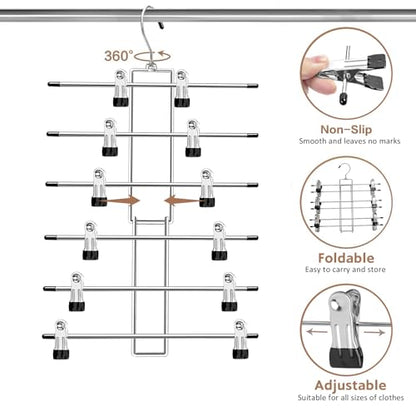 Pants Hangers with Clips,Space Saving Hanging Closet Organizer-6 Tiers Skirt Hangers with 360° Swivel Hook,Closet Organizer-Clothes Hangers- College Dorm Essentials Apartment Essentials- 4 Pack - size: 4 pack
