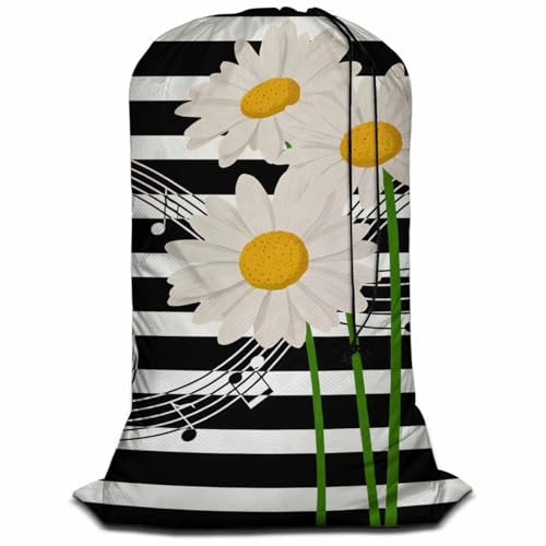 Swono Music Notes Storage Heavy Duty Basket Laundry Bag with Drawstring Daisies On Striped Bouquet Folding Organizer for Travel Washing Machine - color: Music Notes