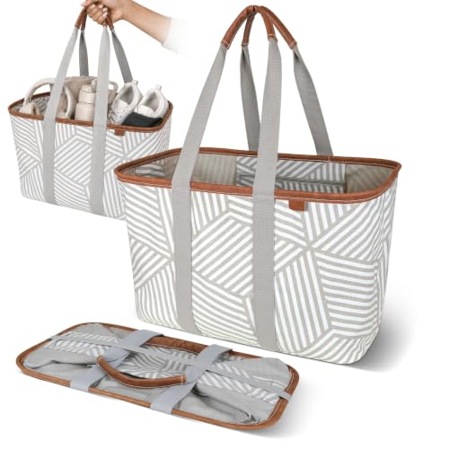 CleverMade Collapsible Tote LUXE, 30L Structured Tote Bag with Handles - color: Geometric Taupe