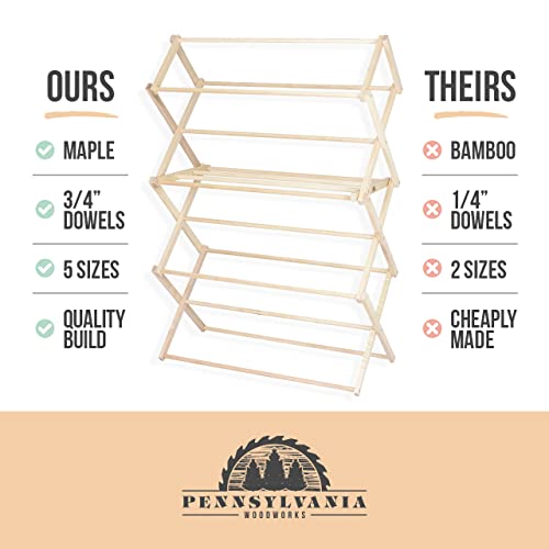 Pennsylvania Woodworks Clothes Drying Rack: Solid Maple Hard Wood Laundry Rack for Sweaters, Blouses, Lingerie & More, Durable Folding Drying Rack, Made in USA, No Assembly Needed, Medium - color: Medium