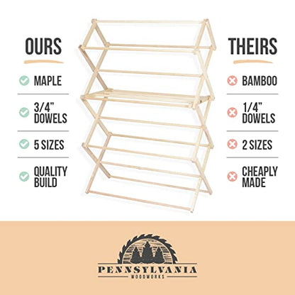 Pennsylvania Woodworks Clothes Drying Rack: Solid Maple Hard Wood Laundry Rack for Blankets, Towels, Bedding & More, Heavy Duty Folding Drying Rack, Made in USA, No Assembly Needed, XXLarge - color: Xx-large