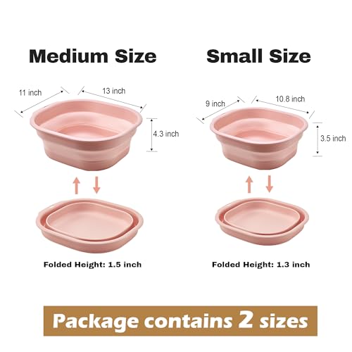 Collapsible Wash Basin Set of 2, Foldable Small Medium Size Wash Basin, Portable Plastic Basins for Laundry, Bottles, Travel, Camping (Pink) - color: Pink