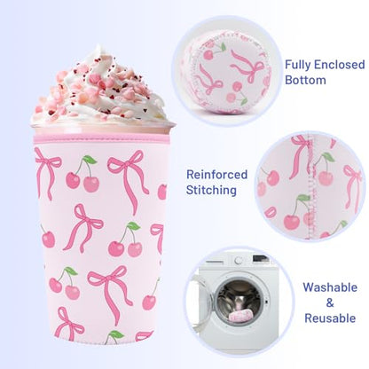 Iced Coffee Sleeve Reusable Neoprene Cup Sleeves, Cherry Bow - color: Cherry Bow