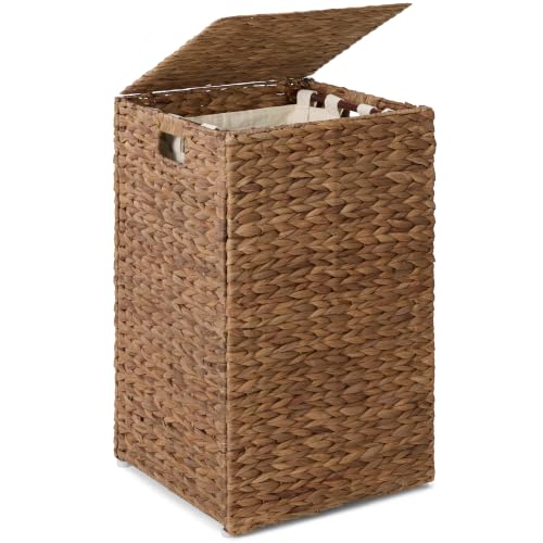 Best Choice Products Small Laundry Hamper with Lid, Natural Handwoven Hyacinth Laundry Basket, W/Removeable & Washable Liner Bag, Portable, Handles, 18 Gallon (67 liters) - Chestnut - color: Chestnut