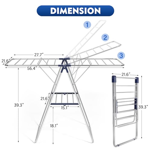 APEXCHASER Large Stainless Steel Clothes Drying Rack - color: Blue, size: 2 Wings