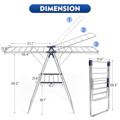 APEXCHASER Large Stainless Steel Clothes Drying Rack - color: Blue, size: 2 Wings