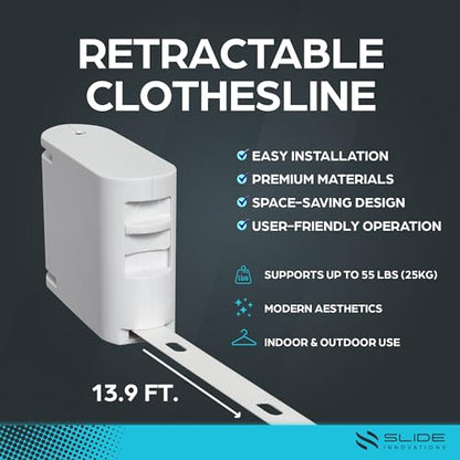 Slide Innovations Retractable Clothesline – 13 ft Indoor & Outdoor Wall-Mounted Drying Line, Heavy-Duty Space-Saving Laundry Line for Towels, Clothes, Sheets & Travel Use