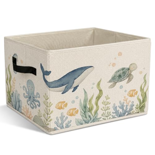 Ocean Nursery Foldable Storage Bins with Handles, Ocean Animal Decorative Storage Basket for Organizing Clothes Tools Books, Nautical Whale Turtle Gift for Boys Girls Playroom Nursery Bedroom - color: Ocean