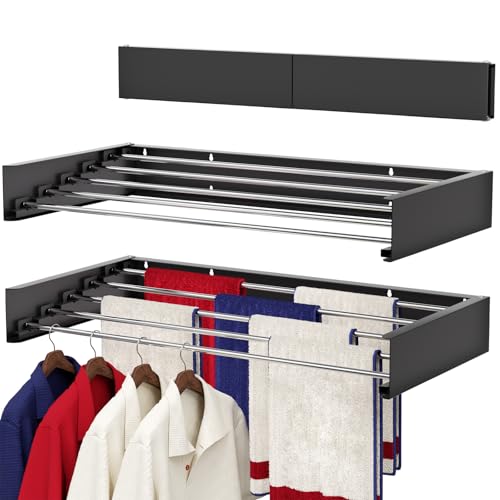Wall Mounted Drying Rack 31.5", Foldable Laundry Drying Rack with Stainless Steel Rods, Retractable Laundry Space Saver for Indoor & Outdoor Use, Include Wall Template - color: Black, size: 31.5" Wide