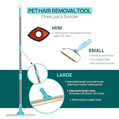 Carpet Rake for Pet Hair Removal, 3-Pack Reusable Dog & Cat Hair Remover Tool Set, Adjustable 56in Long Handle Carpet Rake + Mini Lint Brushes for Rugs, Couches, Floor Mats, Stairs, Car Seats
