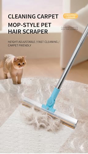 Pet Carpet Rake Hair Remover, Y-Type Reusable Hair Remover for Mats, Rugs, and Sofas; Cat & Dog Hair Removal Tool with 54 Inch Adjustable Long Handle - （Blue）