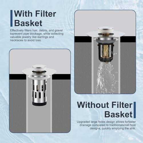 ZM Bathroom Sink Stopper, 3-in-1 Pop Up Drain Plug with Stainless Steel Hair Catcher, Sink Drain Strainer for 1.1–1.45 Inch Drain Holes, Tool-Free Installation, Chrome