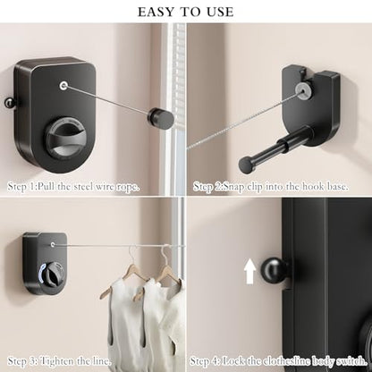 CICUFY Retractable Clothesline Indoor, Non-Sagging Clothes Line Outdoors,13.8 Ft Heavy Duty Clothesline with Telescopic Hanging Rod, Wall Mounted Space-Saving Laundry Line (Black) - color: Black