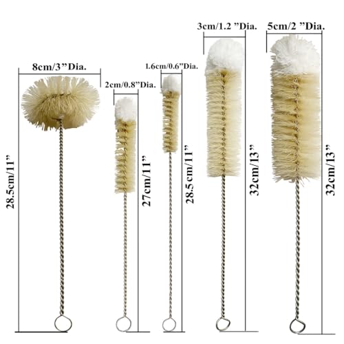 NewFerU Bottle Brushes Thin Long Handle X 5, Natural Boar Bristle Set