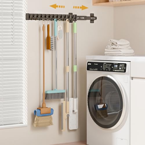 Pull Out Broom Holder With 12 Adjustable Row Sliding Hook - Black 20.1inch - color: Black, size: 51cm/20.01inch
