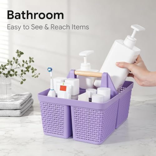 UUJOLY Portable Plastic Shower Caddy Basket with Wooden Handle, Purple - color: Purple