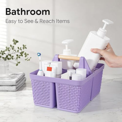 UUJOLY Portable Plastic Shower Caddy Basket with Wooden Handle, Purple - color: Purple
