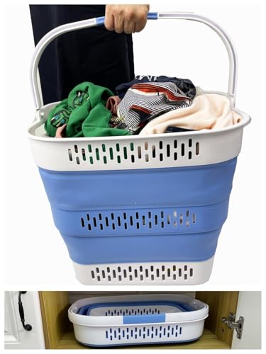 SAMMART 40L (10.5 Gallon) Collapsible Plastic Laundry Basket with Handles - Foldable Pop Up Storage Container/Organizer - Portable Laundry Hamper - Space Saving (1, Grey/Little Boy Blue) - color: Grey/Little Boy Blue