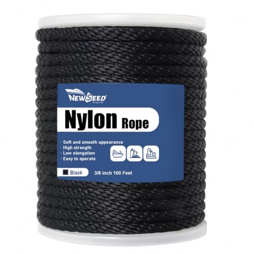 NEWSEED 100 Ft 3/8 Inch Nylon Rope Heavy Duty Utility Rope (Black) - size: 3/8 In x 100FT, style: Black