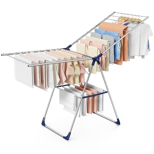 Sakugi Clothes Drying Rack, 69.5" Adjustable Wings, Foldable Design - color: Silver & Blue, size: XX-Large (69.5"L x 22.8"W x 36.6"H)