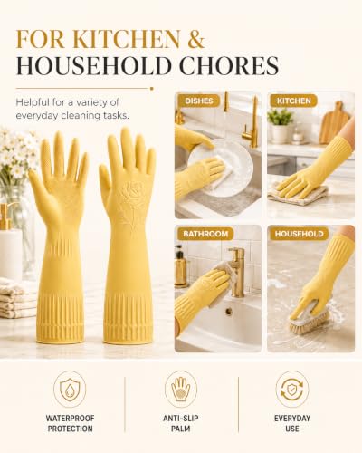 Disfore Rubber-Gloves Dishwashing Gloves for Cleaning-Kitchen - 2 Pairs Long Household Cleaning Gloves for Washing Dishes - color: Yellow, size: X-Large