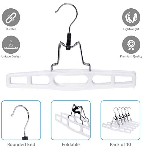 Quality Hangers 10 Pack Premium Skirt Hangers - Thin Space Saving Pant Hangers Set with Clamp, Shorts Hangers with Heavy Duty Locking Clasp, Multipurpose Jean Hangers Set - White
