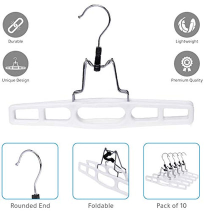 Quality Hangers 10 Pack Premium Skirt Hangers - Thin Space Saving Pant Hangers Set with Clamp, Shorts Hangers with Heavy Duty Locking Clasp, Multipurpose Jean Hangers Set - White