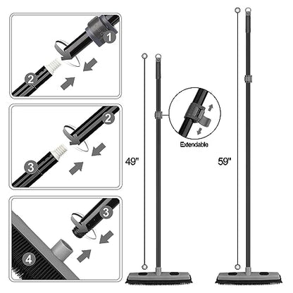 Pet Hair Removal Rubber Broom with Squeegee with 59" Long Handle - color: Gray Rubber Broom