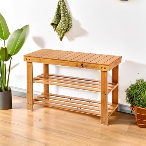 Purawood Bamboo 3 Tier Shoe Rack Bench, Premium Shoe Organizer or Entryway Bench, Perfect for Shoe Cubby, Entry Bench, Bathroom Bench, Entryway Organizer, Hallway or Living Room