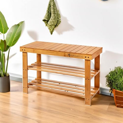 Purawood Bamboo 3 Tier Shoe Rack Bench, Premium Shoe Organizer or Entryway Bench, Perfect for Shoe Cubby, Entry Bench, Bathroom Bench, Entryway Organizer, Hallway or Living Room