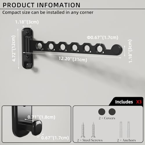 Wall Mounted Clothes Hanger Rack Foldable Drying Rack Hook Folding Indoor for Laundry Room Organization Bedroom Collapsible Racks Perfect for Small Spaces, 6 Hole Black 1 Packs - color: Black, size: Middle 1P