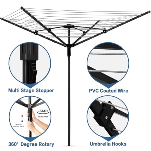 A-xctoe Rotary Outdoor Umbrella Drying Rack Adjustable Height Clothesline w/Waterproof Protective Cover Folding Rotary Dryer with 4-Aluminum Arms and Steel Post | 12-Lines with 165 ft Clothesline