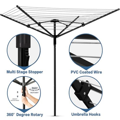 A-xctoe Rotary Outdoor Umbrella Drying Rack Adjustable Height Clothesline w/Waterproof Protective Cover Folding Rotary Dryer with 4-Aluminum Arms and Steel Post | 12-Lines with 165 ft Clothesline